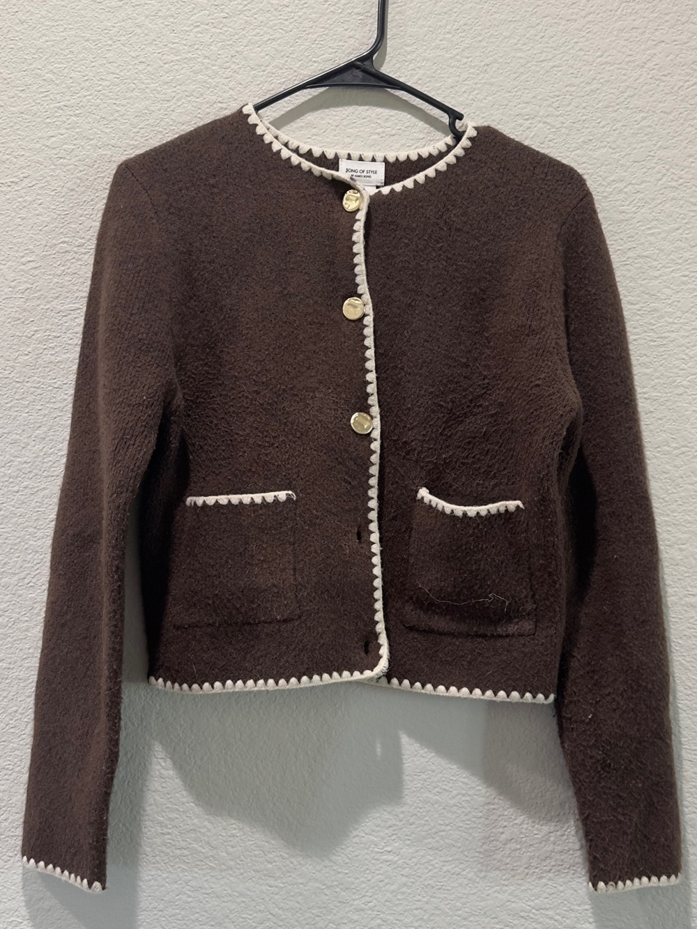 Song of Style Brown Knit Cropped Cardigan with Cream Trim